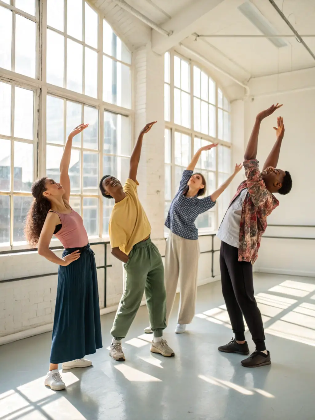 A vibrant photograph capturing a dance performance rehearsal, showcasing dancers in motion with focused expressions, set against a backdrop of a modern dance studio with natural light streaming in.