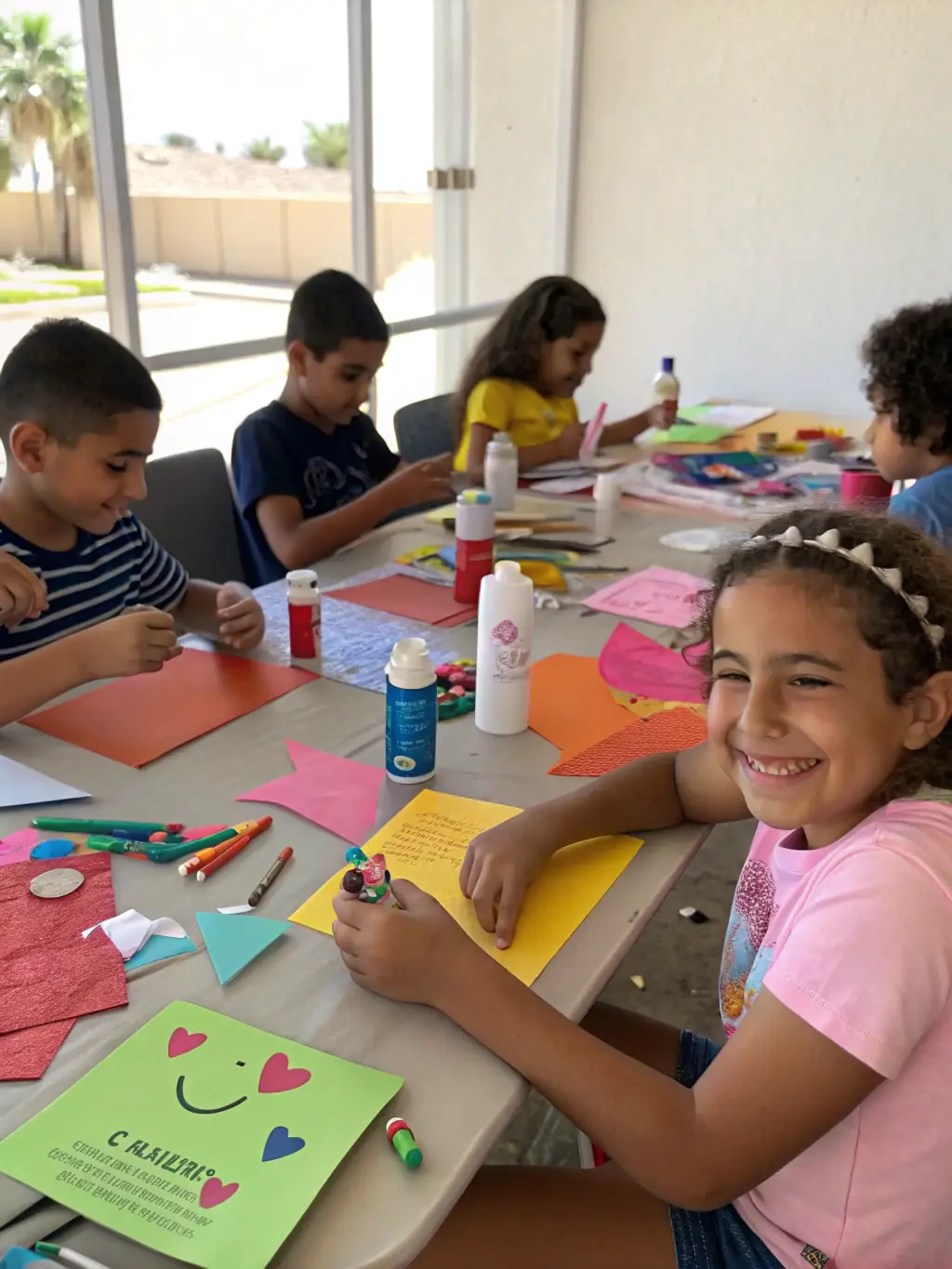 A photograph of children participating in an art workshop, painting enthusiastically with bright colors, guided by an instructor in a cheerful and supportive environment.