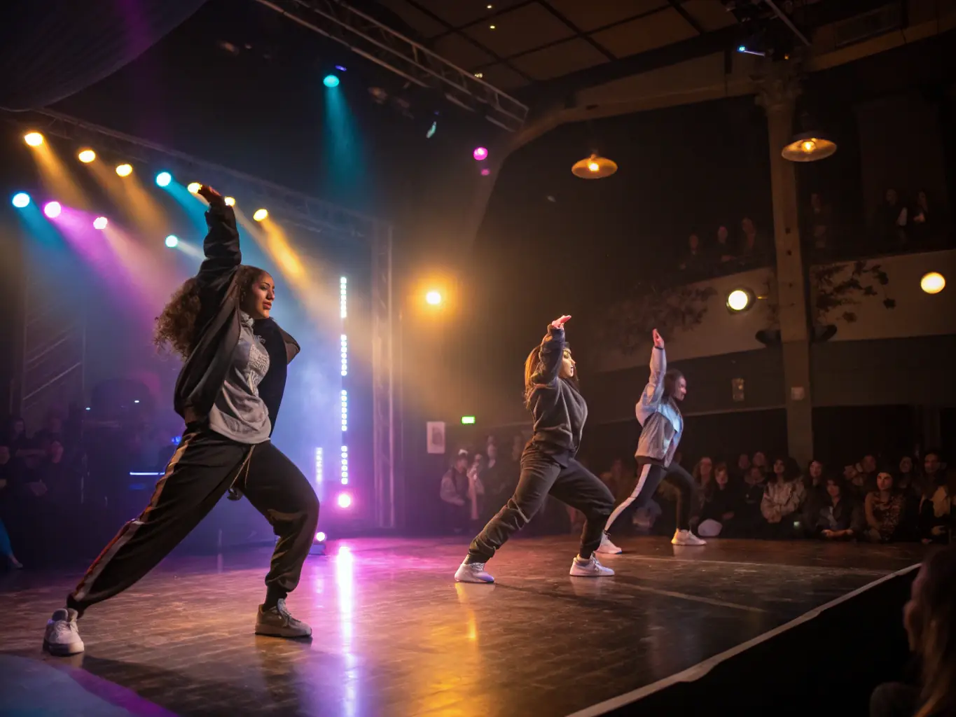 A vibrant photograph capturing a dance performance on stage, showcasing the energy and artistry of the dancers, with dynamic lighting and a captivated audience in the background.