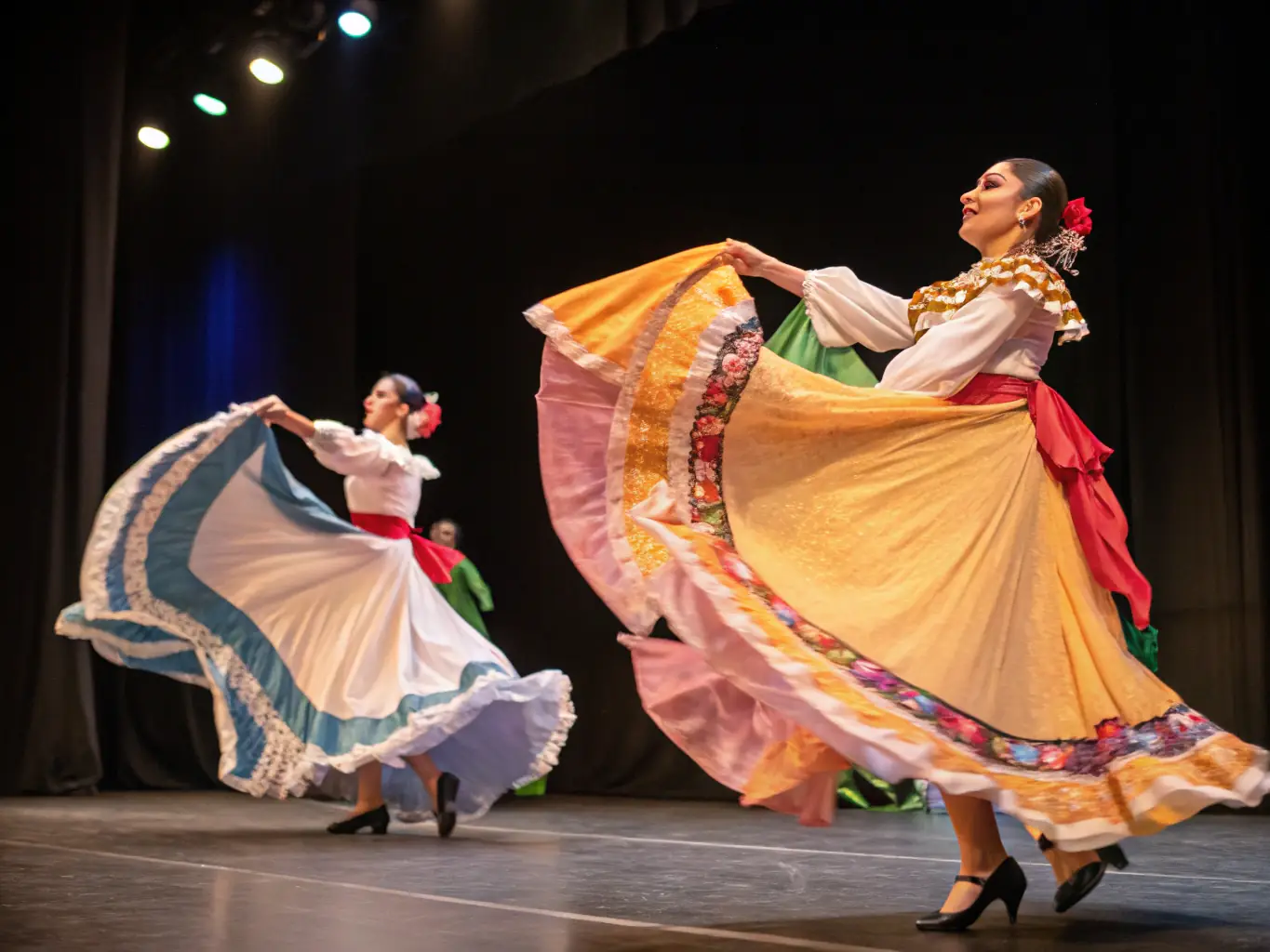 An image depicting a dynamic dance performance with dancers in colorful costumes on a brightly lit stage, showcasing the energy and artistry of ULAL DTO's dance program.