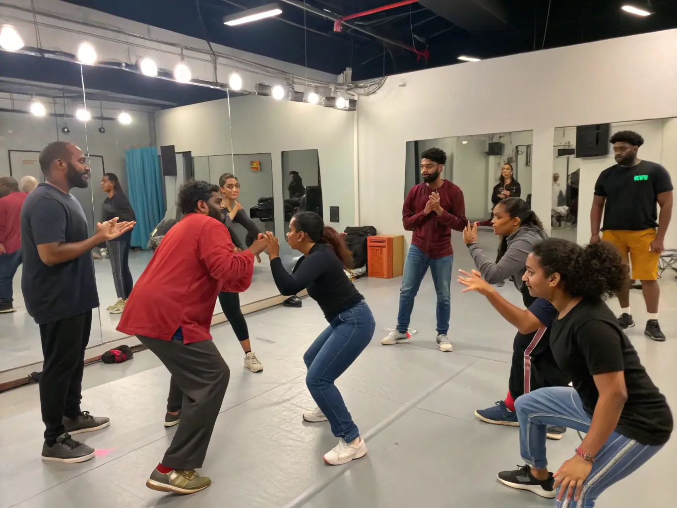 A group of participants actively engaged in a theatre workshop, with an instructor guiding them through an acting exercise, set in a creative and collaborative environment.