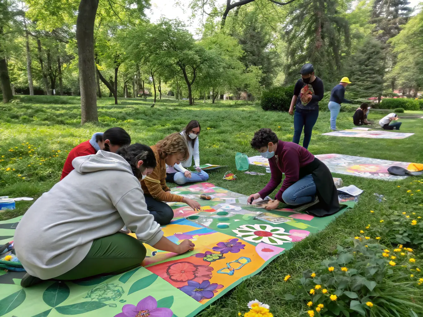 A photograph of community members participating in an outdoor art installation project, showcasing collaboration and artistic expression in a public space.