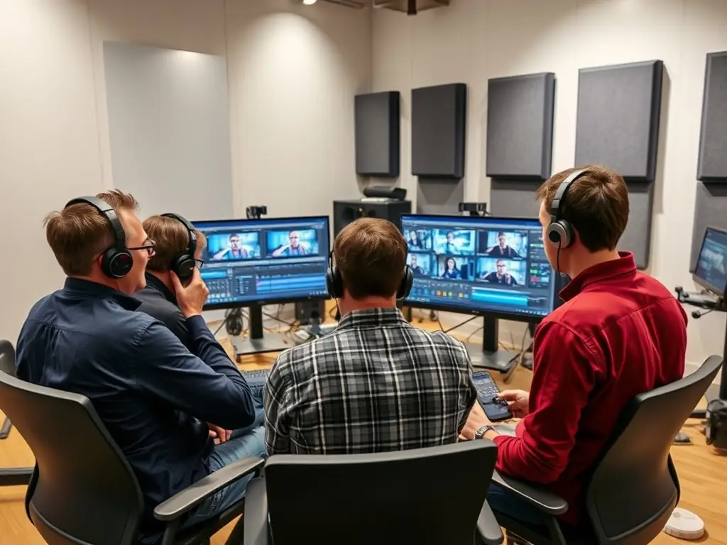 An image featuring a behind-the-scenes look at an audiovisual arts project, with individuals working on video editing and sound design, illustrating the technical and creative aspects of ULAL DTO's audiovisual arts program.